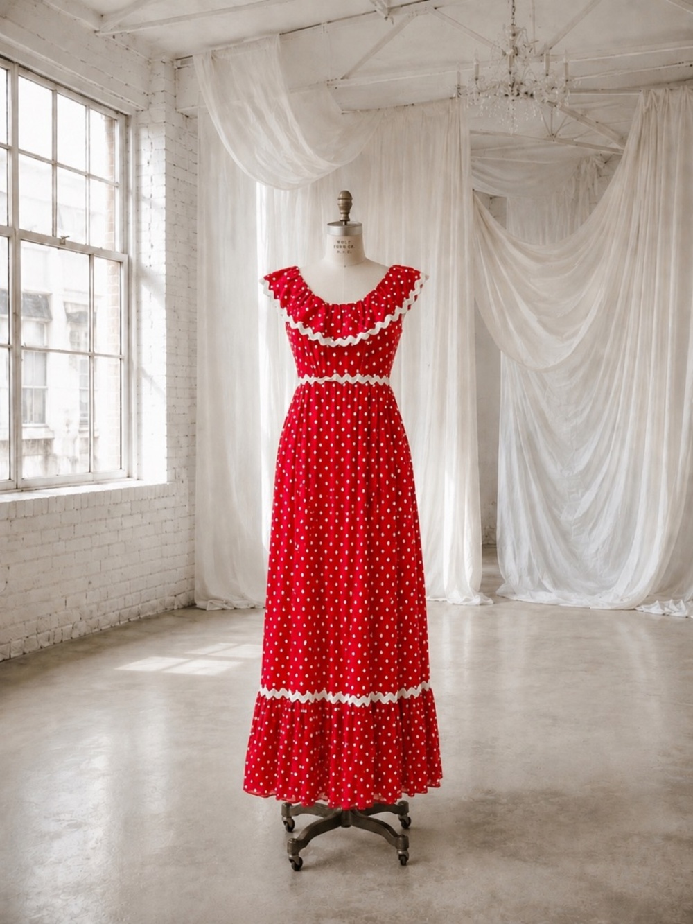 Vintage 1970s Red Polka Dot Maxi Dress with Rick Rack Ric Rac Trim S